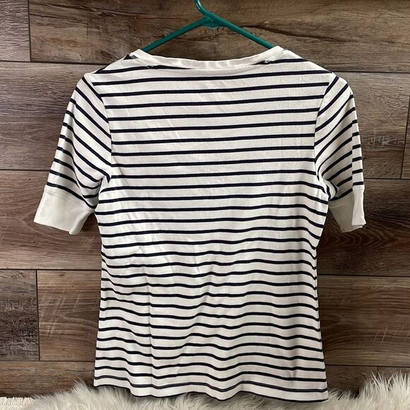 L.L. Bean Womens Pullover Striped VNeck Top Size Small Nautical Blue and White - Picture 6 of 6